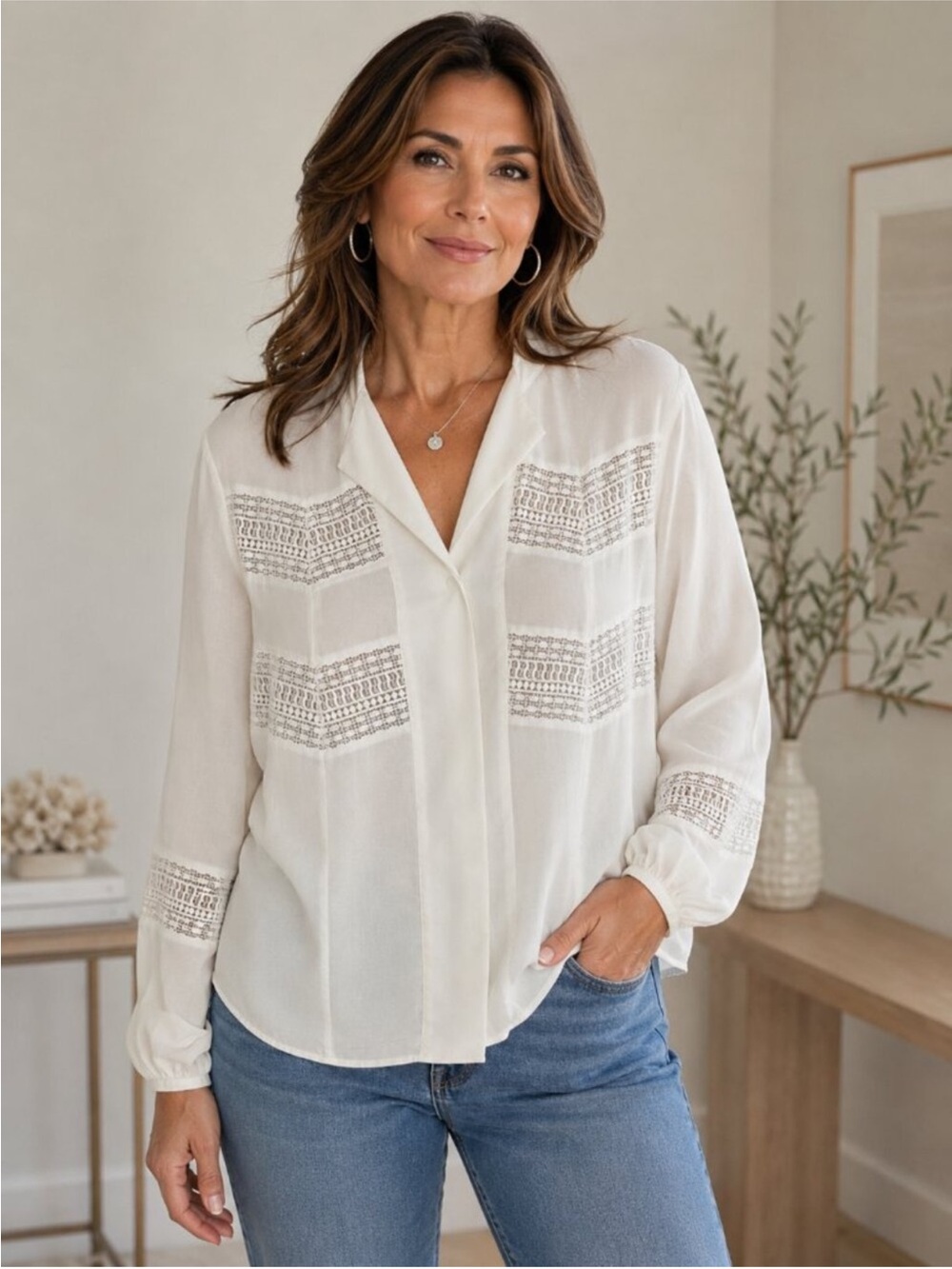 Chico's Ivory Lace Trim Blouse Boho Romantic Long Sleeve Size Small/Medium